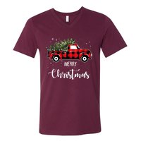 Vintage Wagon Red Truck Christmas Tree Pajama Family Xmas V-Neck T-Shirt