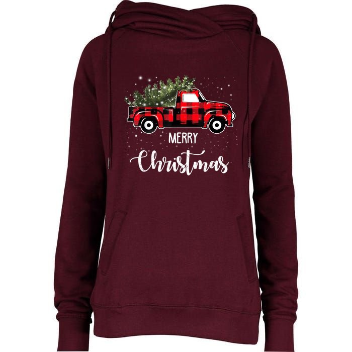 Vintage Wagon Red Truck Christmas Tree Pajama Family Xmas Womens Funnel Neck Pullover Hood