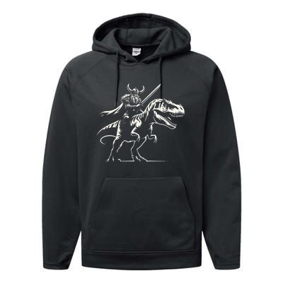 Viking Warrior Riding Trex Dinosaur Performance Fleece Hoodie