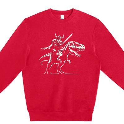 Viking Warrior Riding Trex Dinosaur Premium Crewneck Sweatshirt