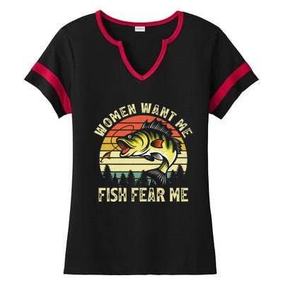 Vintage Women Want Me Fish Bass Fear Me Funny Lover Fishing Ladies Halftime Notch Neck Tee