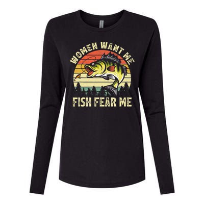 Vintage Women Want Me Fish Bass Fear Me Funny Lover Fishing Womens Cotton Relaxed Long Sleeve T-Shirt