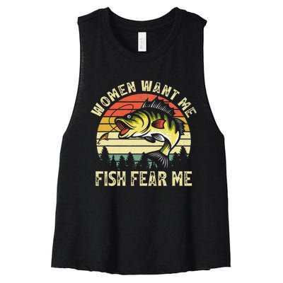 Vintage Women Want Me Fish Bass Fear Me Funny Lover Fishing Women's Racerback Cropped Tank