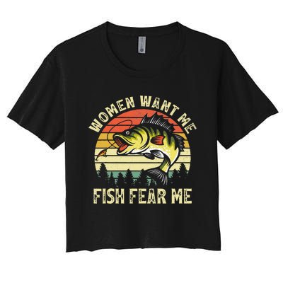 Vintage Women Want Me Fish Bass Fear Me Funny Lover Fishing Women's Crop Top Tee