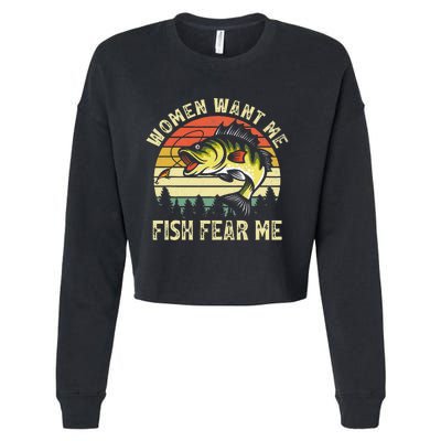 Vintage Women Want Me Fish Bass Fear Me Funny Lover Fishing Cropped Pullover Crew