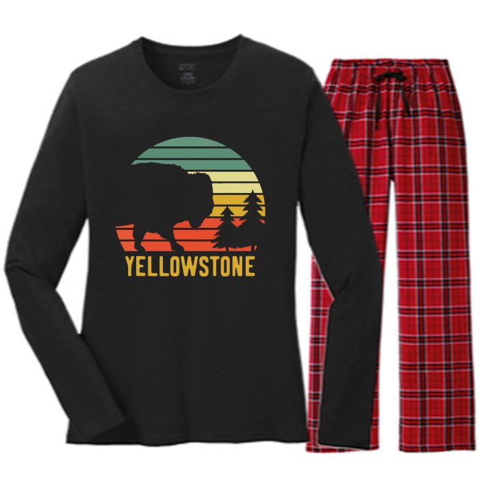 Vintage Yellowstone National Park Retro Travel Buffalo Bison Women's Long Sleeve Flannel Pajama Set 