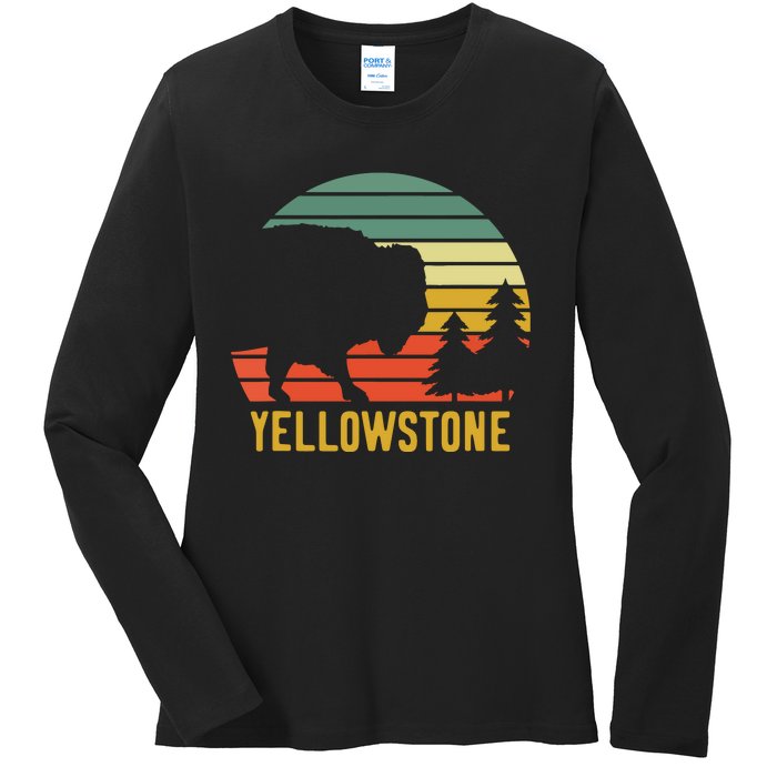 Vintage Yellowstone National Park Retro Travel Buffalo Bison Ladies Long Sleeve Shirt