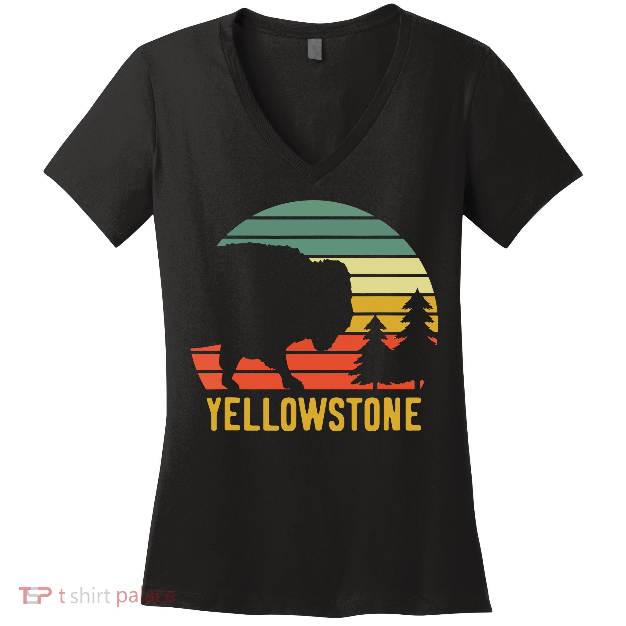 Vintage Yellowstone National Park Retro Travel Buffalo Bison Women's V-Neck T-Shirt