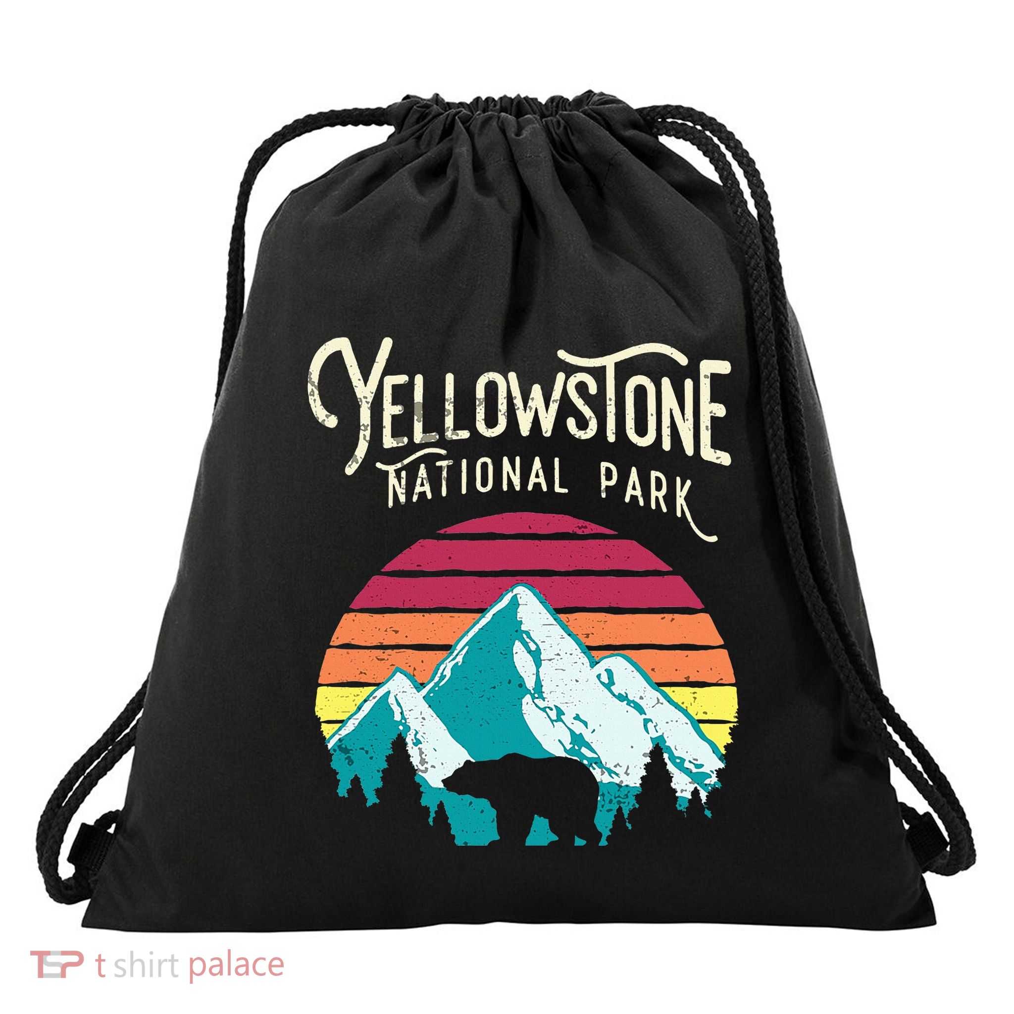 Vintage Yellowstone National Park Wy Mountain Bear Drawstring Bag