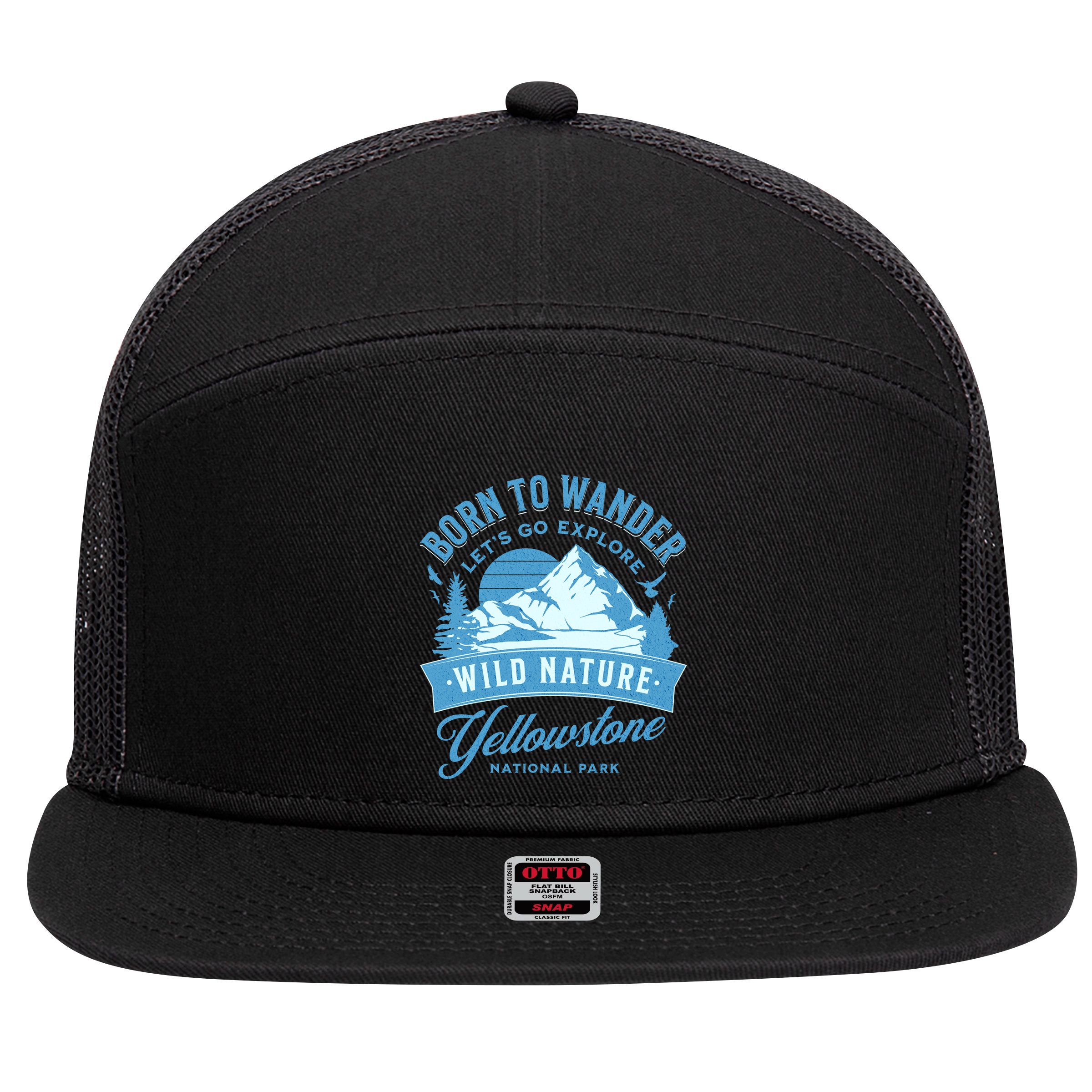 Vintage Yellowstone National Park Born To Wander 7 Panel Mesh Trucker Snapback Hat