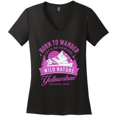 Vintage Yellowstone National Park Born To Wander Women's V-Neck T-Shirt