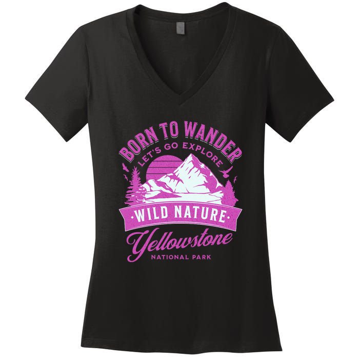 Vintage Yellowstone National Park Born To Wander Women's V-Neck T-Shirt