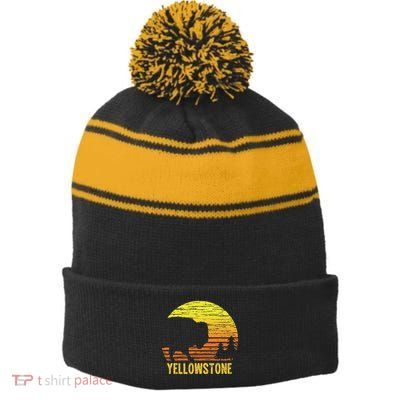 Vintage Yellowstone National Park Retro Travel Gift Stripe Pom Pom Beanie
