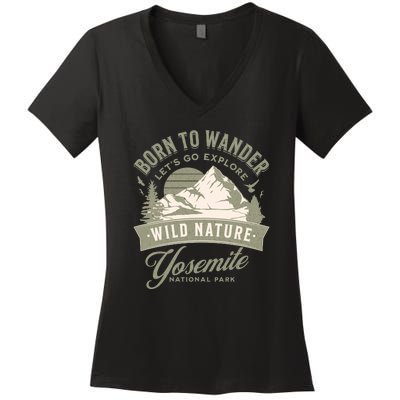 Vintage Yosemite National Park Born To Wander Women's V-Neck T-Shirt