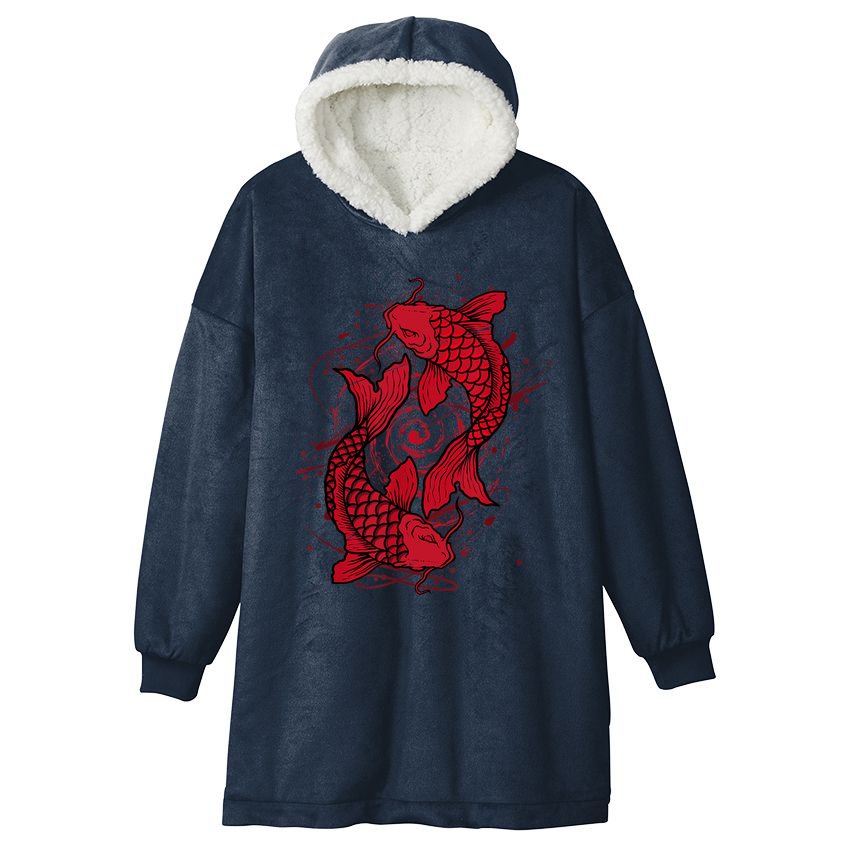 Vintage Ying Yang Asian Koi Fish Japaneses Hooded Wearable Blanket