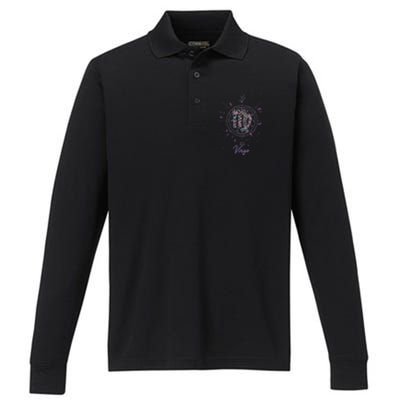 Virgo Zodiac Design 90s Style Floral Gift Performance Long Sleeve Polo