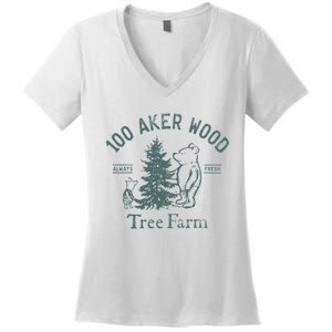 100 AKER TREE FARM Funny Acre Wood Women's V-Neck T-Shirt