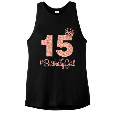 Wo 15 #BirthdayGirl Sweet fifteen 15th Pink Crown Tee for Girl V-Neck Ladies PosiCharge Tri-Blend Wicking Tank