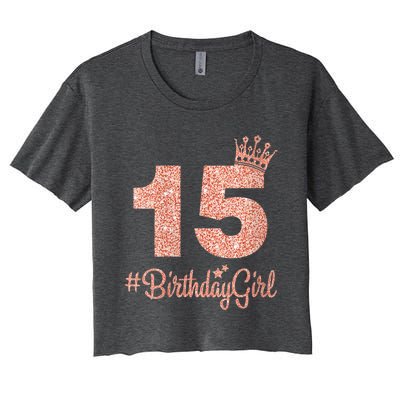 Wo 15 #BirthdayGirl Sweet fifteen 15th Pink Crown Tee for Girl V-Neck Women's Crop Top Tee