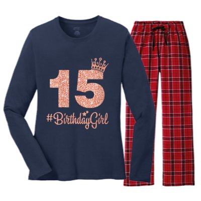 Wo 15 #BirthdayGirl Sweet fifteen 15th Pink Crown Tee for Girl V-Neck Women's Long Sleeve Flannel Pajama Set 