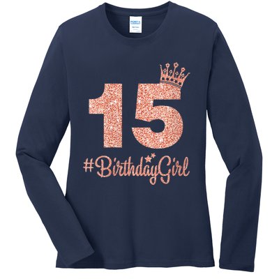 Wo 15 #BirthdayGirl Sweet fifteen 15th Pink Crown Tee for Girl V-Neck Ladies Long Sleeve Shirt