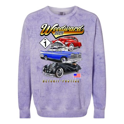 Woodward 2024 Classic Cruise Detroit To Pontiac Trio Of Cars Colorblast Crewneck Sweatshirt