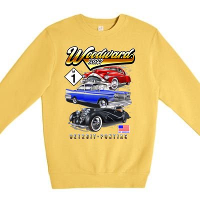 Woodward 2024 Classic Cruise Detroit To Pontiac Trio Of Cars Premium Crewneck Sweatshirt