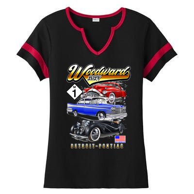 Woodward 2024 Classic Cruise Detroit To Pontiac Trio Of Cars Ladies Halftime Notch Neck Tee