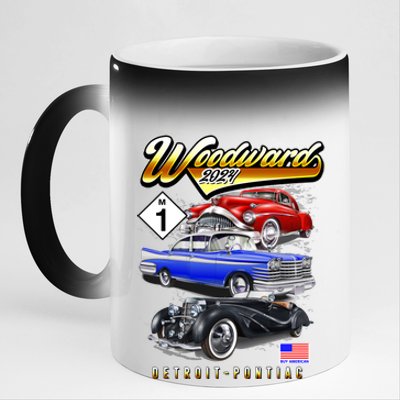 Woodward 2024 Classic Cruise Detroit To Pontiac Trio Of Cars 11oz Black Color Changing Mug