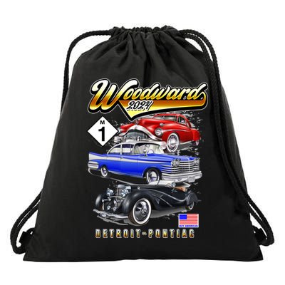 Woodward 2024 Classic Cruise Detroit To Pontiac Trio Of Cars Drawstring Bag