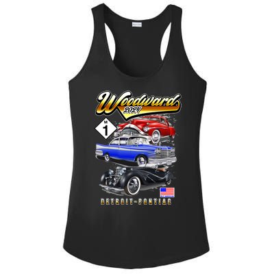 Woodward 2024 Classic Cruise Detroit To Pontiac Trio Of Cars Ladies PosiCharge Competitor Racerback Tank