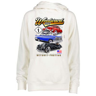 Woodward 2024 Classic Cruise Detroit To Pontiac Trio Of Cars Womens Funnel Neck Pullover Hood