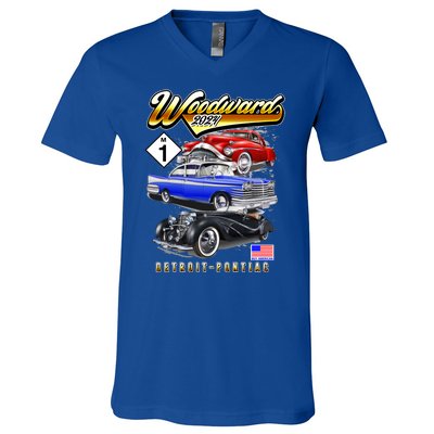 Woodward 2024 Classic Cruise Detroit To Pontiac Trio Of Cars V-Neck T-Shirt