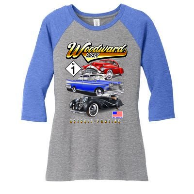 Woodward 2024 Classic Cruise Detroit To Pontiac Trio Of Cars Women's Tri-Blend 3/4-Sleeve Raglan Shirt