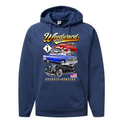 Woodward 2024 Classic Cruise Detroit To Pontiac Trio Of Cars Performance Fleece Hoodie