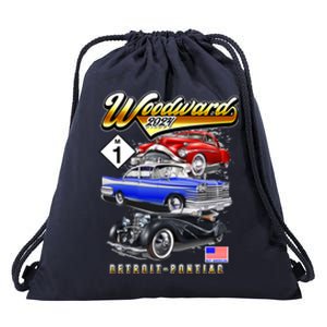 Woodward 2024 Classic Cruise Detroit To Pontiac Trio Of Cars Drawstring Bag