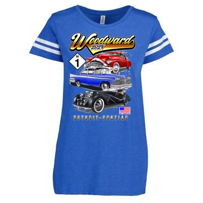 Woodward 2024 Classic Cruise Detroit To Pontiac Trio Of Cars Enza Ladies Jersey Football T-Shirt