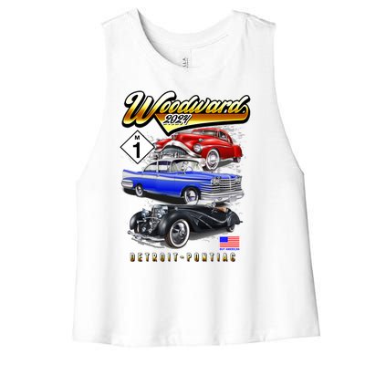 Woodward 2024 Classic Cruise Detroit To Pontiac Trio Of Cars Women's Racerback Cropped Tank