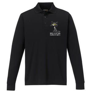 Waltz 2024 Mind Your Own Damn Business Cat Lady Funny Performance Long Sleeve Polo