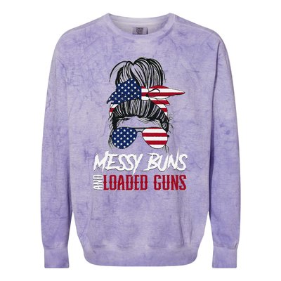 Wo 2A Messy Buns and Loaded Guns Colorblast Crewneck Sweatshirt