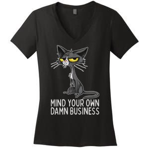 Waltz 2024 Mind Your Own Damn Business Cat Lady Funny Women's V-Neck T-Shirt