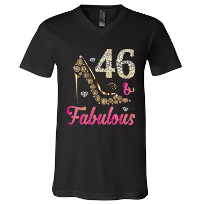 Womens 46 And Fabulous Funny 46th Birthday Cute Gift Beautiful Fun V-Neck T-Shirt