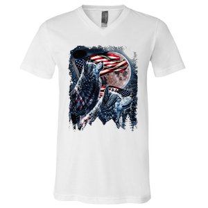 Wolf 4th Of July American Flag V-Neck T-Shirt