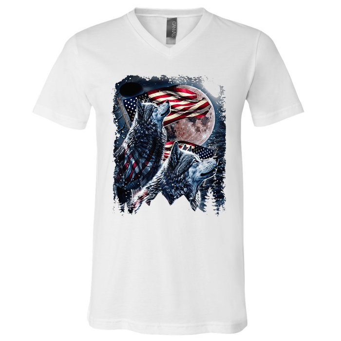 Wolf 4th Of July American Flag V-Neck T-Shirt