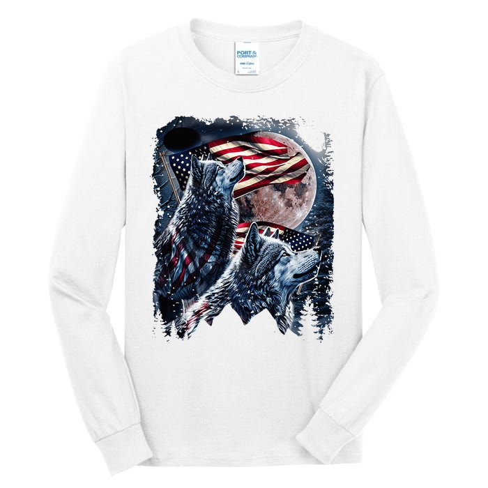 Wolf 4th Of July American Flag Tall Long Sleeve T-Shirt