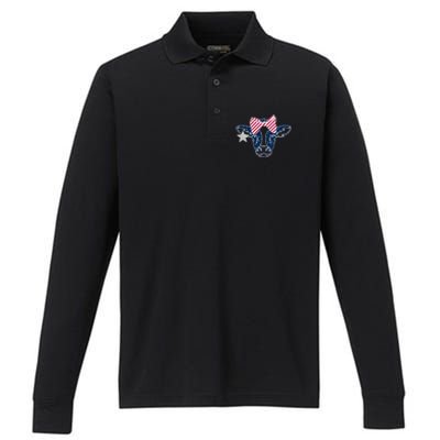 Wo 4th Of July Cow American Flag Red White Blue Heifer Gift Performance Long Sleeve Polo