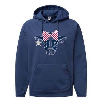 Wo 4th Of July Cow American Flag Red White Blue Heifer Gift Performance Fleece Hoodie