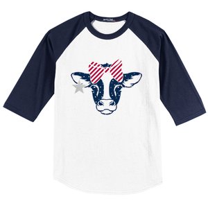 Wo 4th Of July Cow American Flag Red White Blue Heifer Gift Baseball Sleeve Shirt