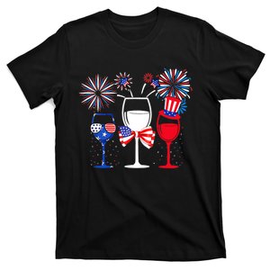 Wo 4th Of July Red White Blue Wine Glasses Fireworks Usa T-Shirt