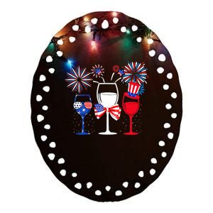 Wo 4th Of July Red White Blue Wine Glasses Fireworks Usa Ceramic Oval Ornament